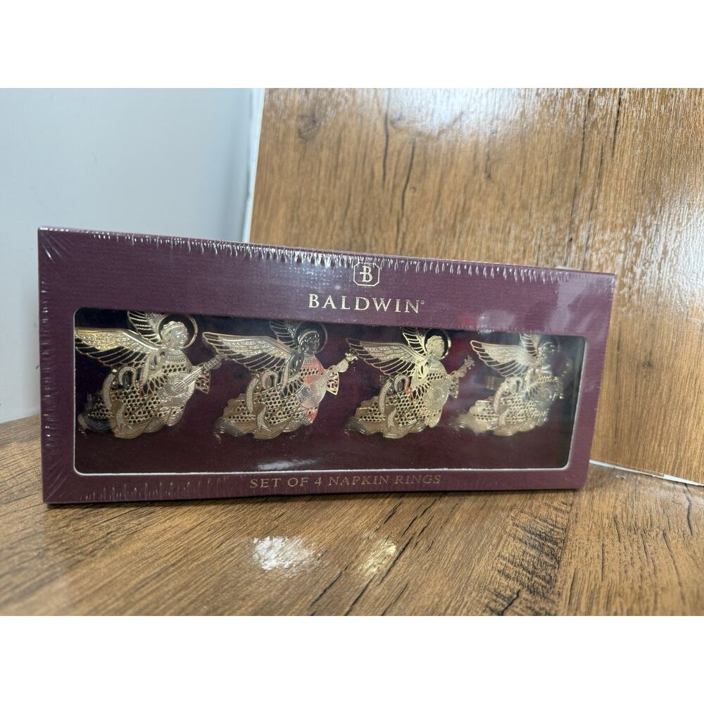Baldwin Renaissance Angel Napkin Rings Set of 4 Gold NIB Christmas Holiday